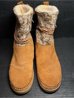Toms Tan Suede Knit-Cuff Wrap Tie Winter Boots